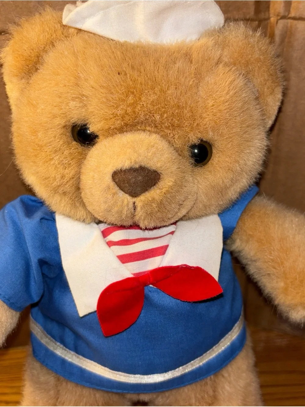Russ Tan Sailor Bear Plush with Blue Outfit and Red Bow